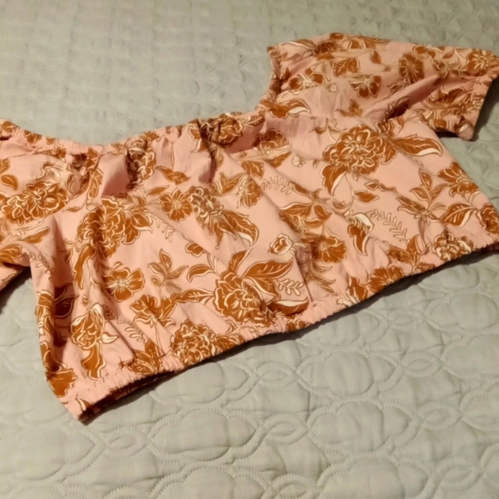 Pink & Brown Paisley Flowered Lane Bryant Short Sleeve Cotton  Crop Top